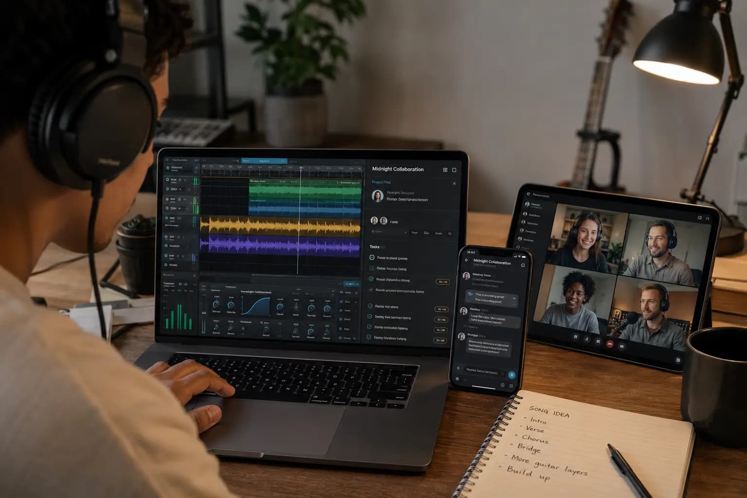 Remote music team collaborating on a song through real time music collaboration tools and project management software