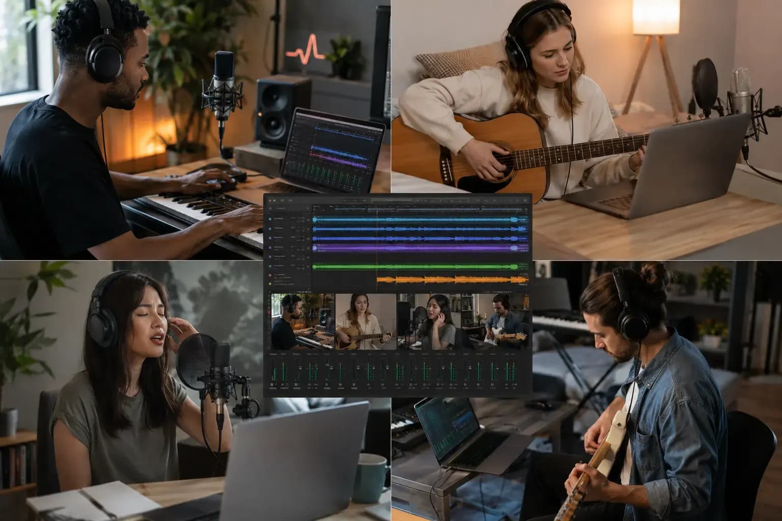 Independent musicians connecting online while creating music together through one integrated collaboration platform