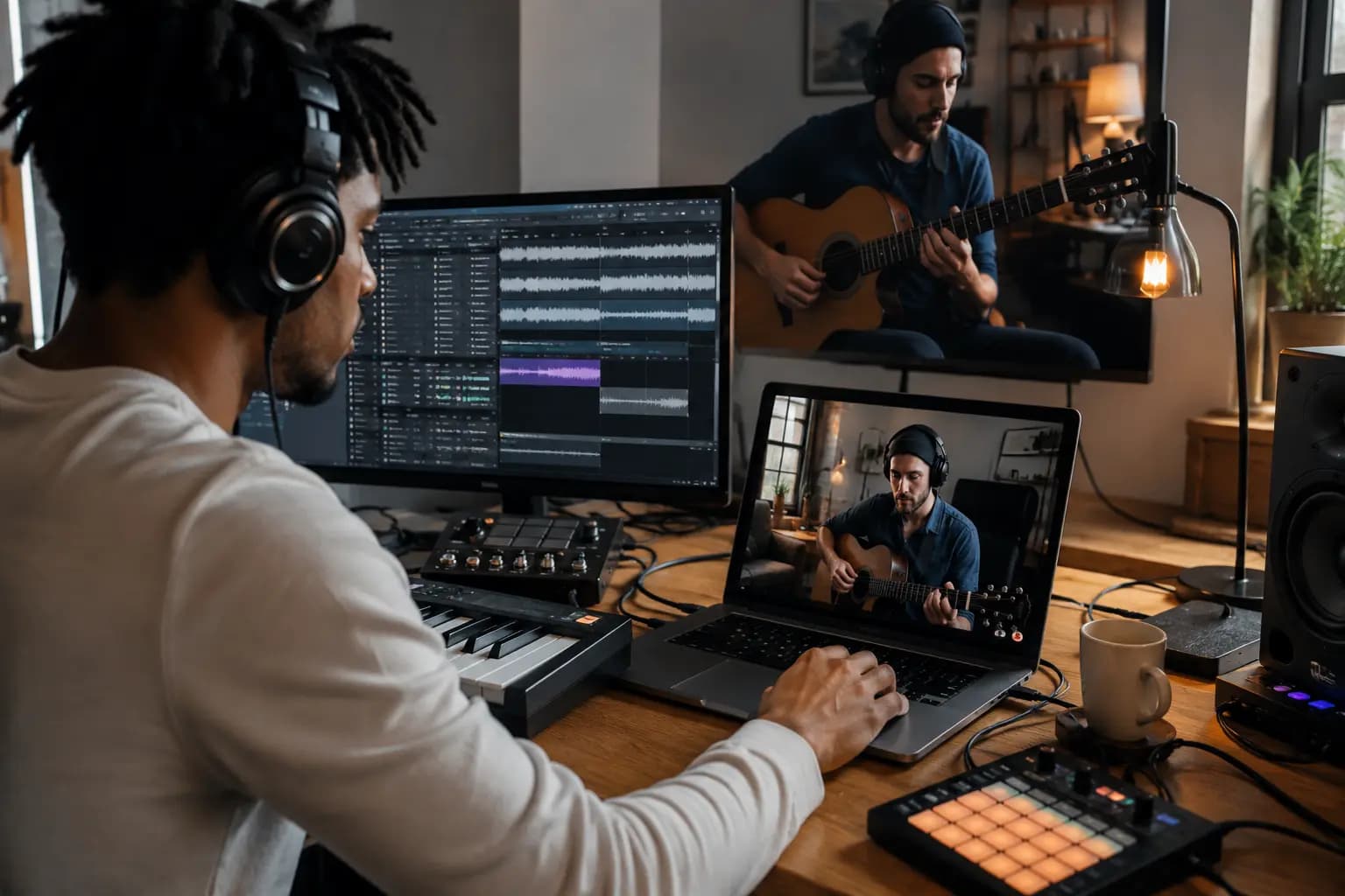 Musicians using an online music collaboration platform to create songs and communicate from different locations