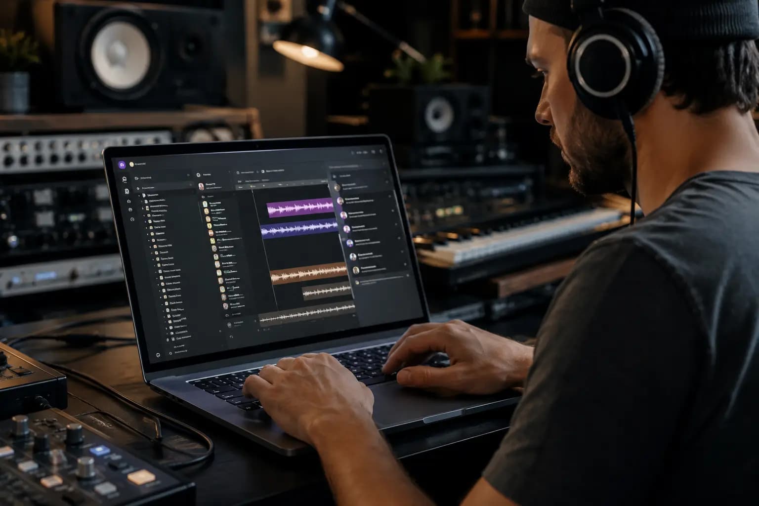 Producer organizing shared music projects with cloud storage, version control, and collaboration tools