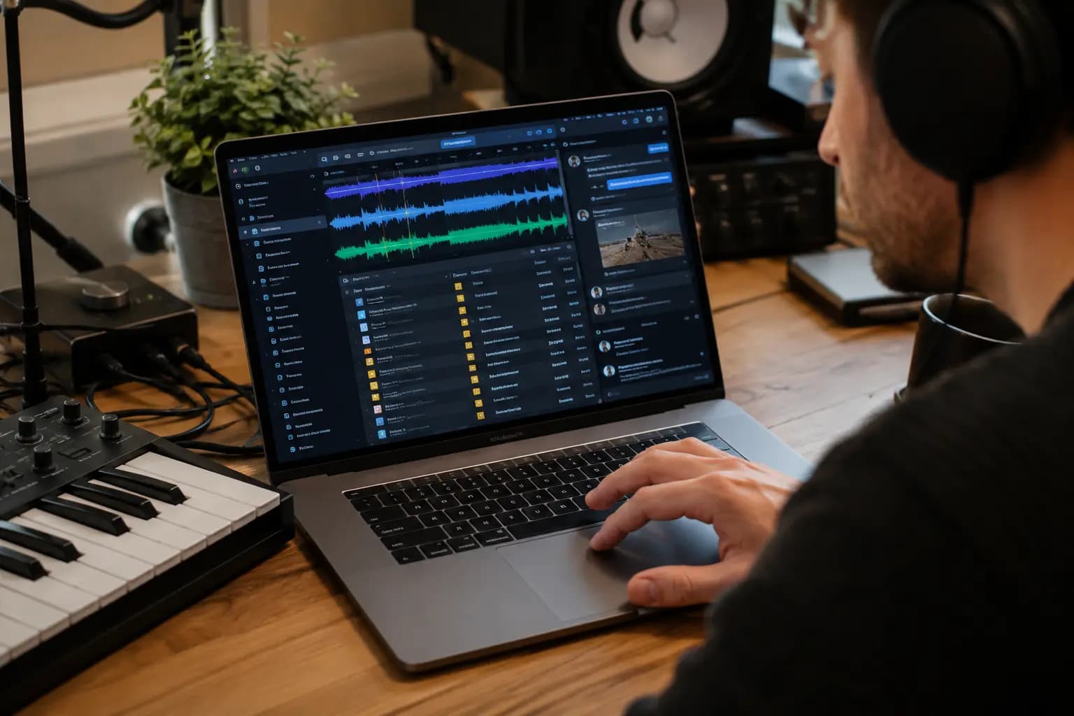 Producer managing music files, collaboration tools, messaging, and cloud storage during a remote recording session