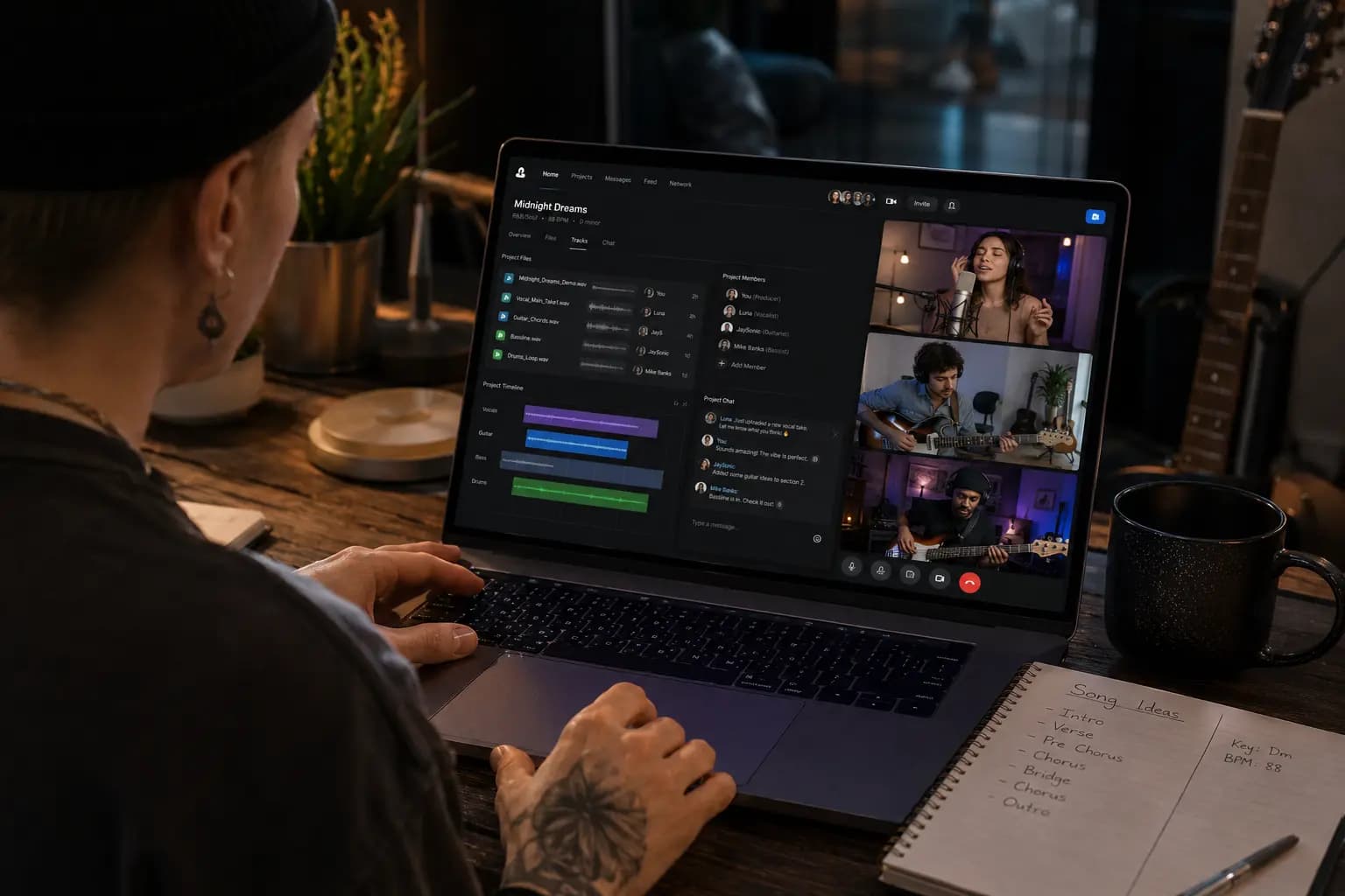 Musicians collaborating online through a music networking platform and sharing creative feedback