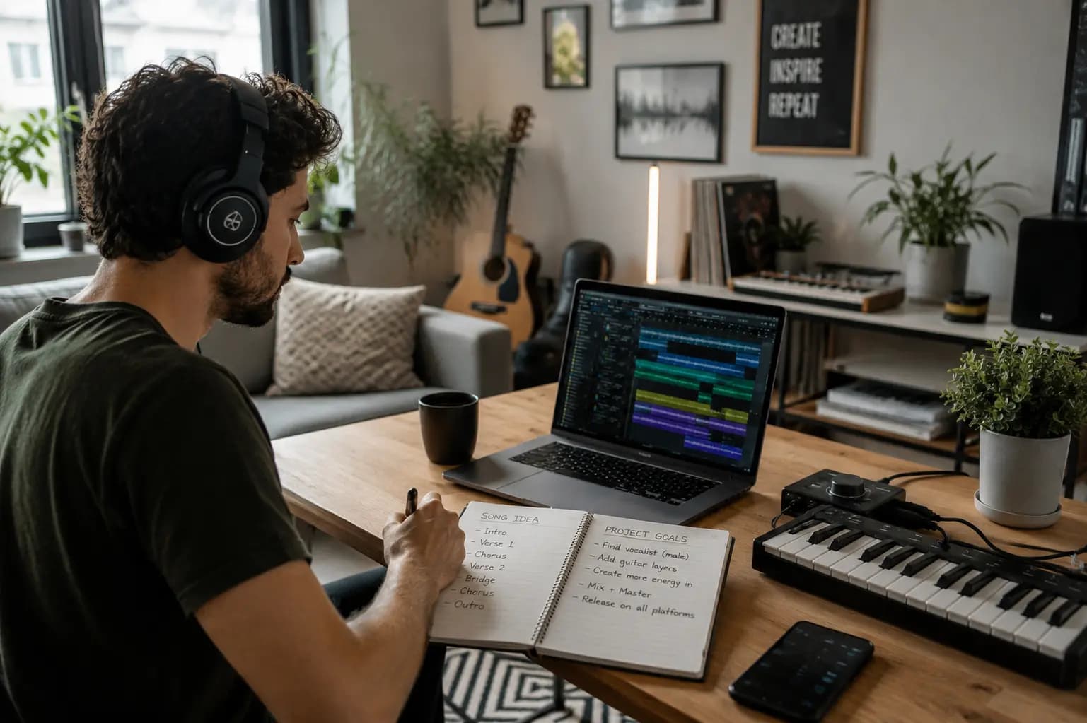 Music producer preparing a demo and project outline before contacting musicians online