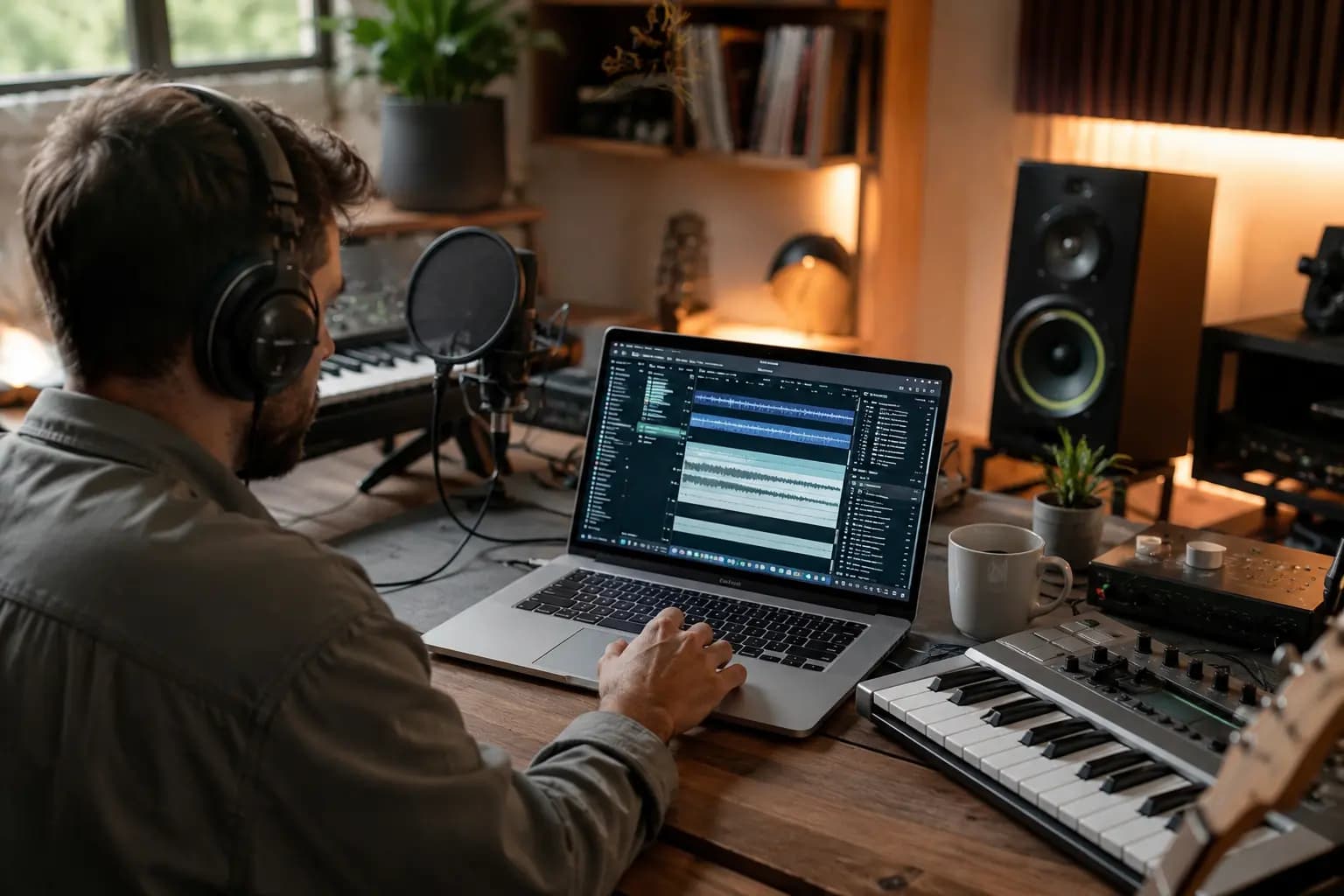 Music producer managing recordings, feedback, and song versions during a remote music collaboration project