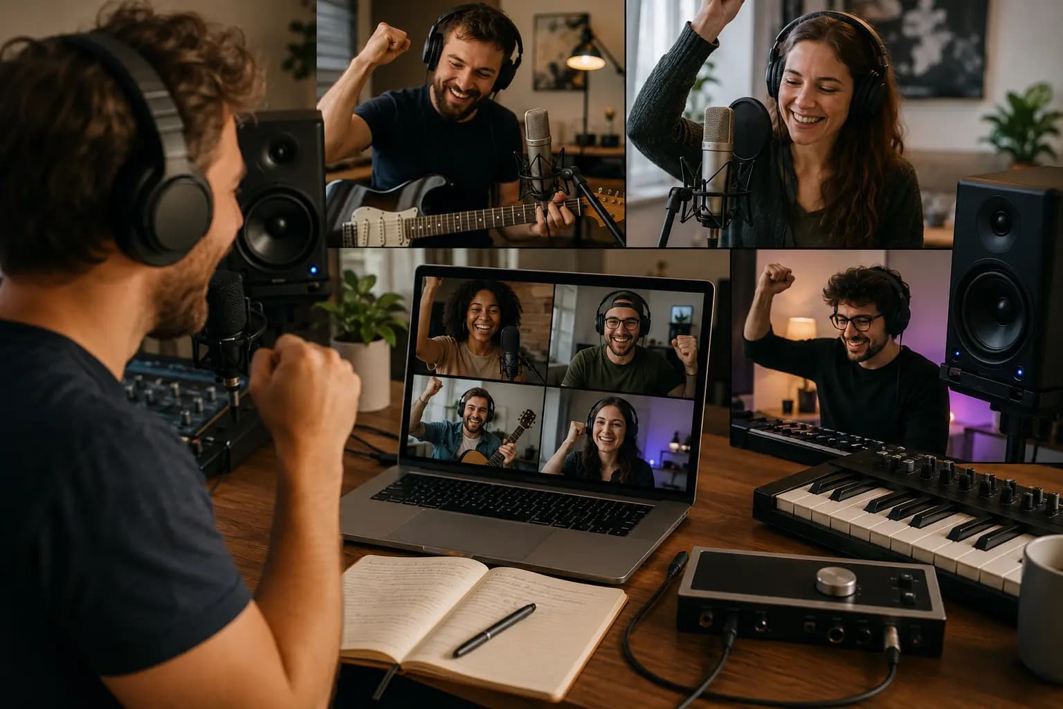 Remote musicians celebrating a completed song after successful online collaboration and organized project workflow